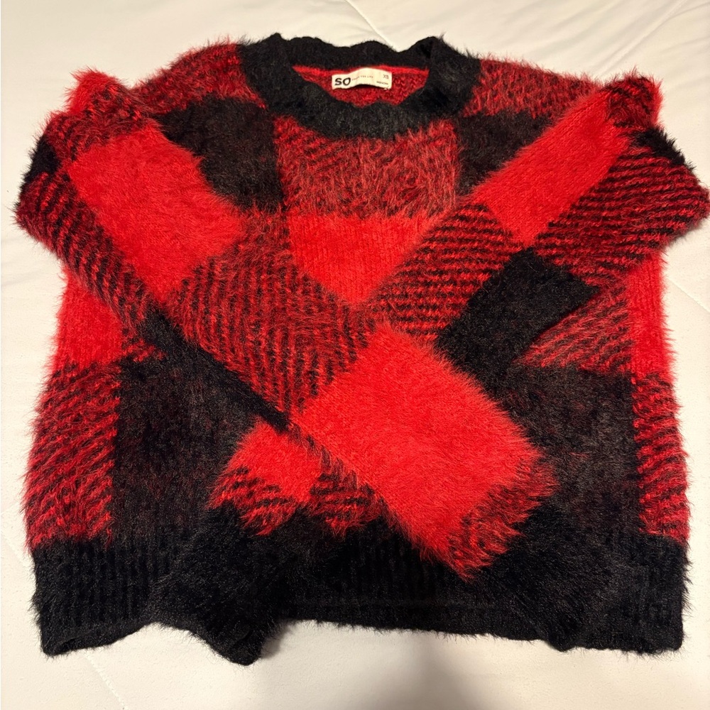 So Good For Life Black and Red Plaid Cropped Fuzzy Crew Neck Sweater,XS